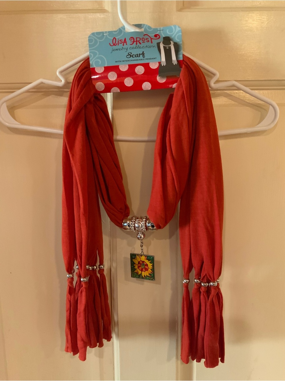 Red Scarf with Sunflower Pendant